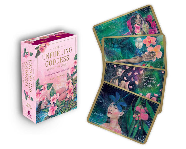 The Unfurling Goddess Inspiration Cards: Embody the Divine Self Within (44 Gilded Cards, 16-Page Full-Color Booklet, and a Wooden Stand)