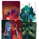 a series of four cards depicting a woman and a tree